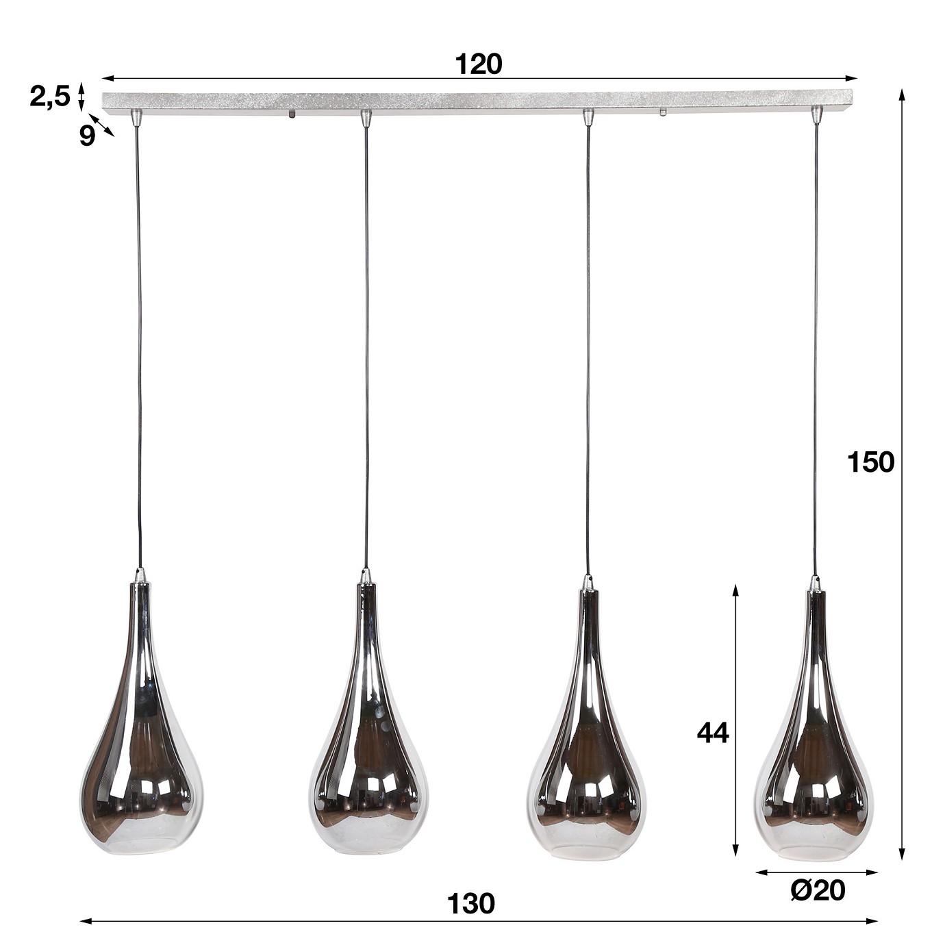 Hängelampe "Remi" 4L silver drop Glas, Chromed glas, 130x20x150cm